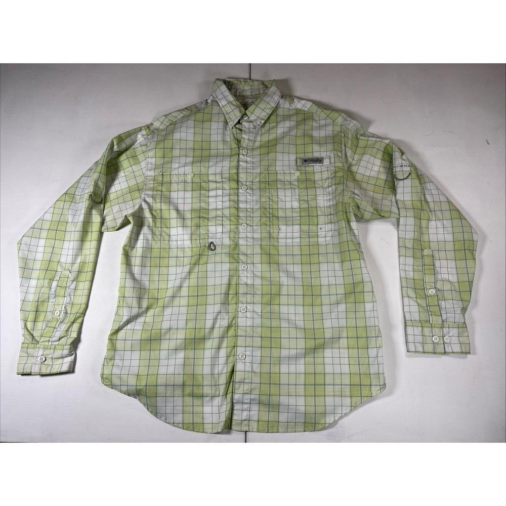 Columbia PFG Super Tamiami Fishing Shirt Mens M Long Sleeve Plaid Green Vented